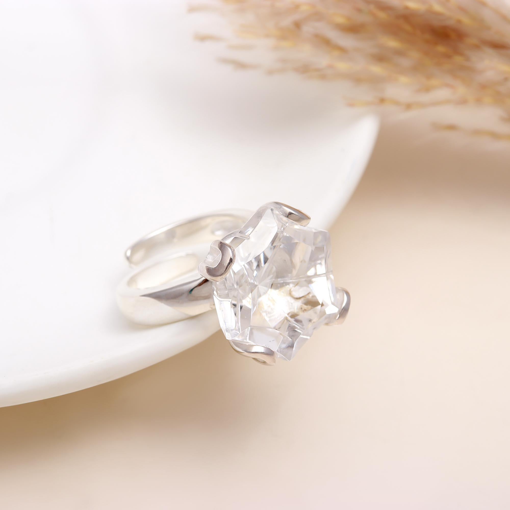 925 Silver Hexagon Cut Clear Quartz Statement Ring front view