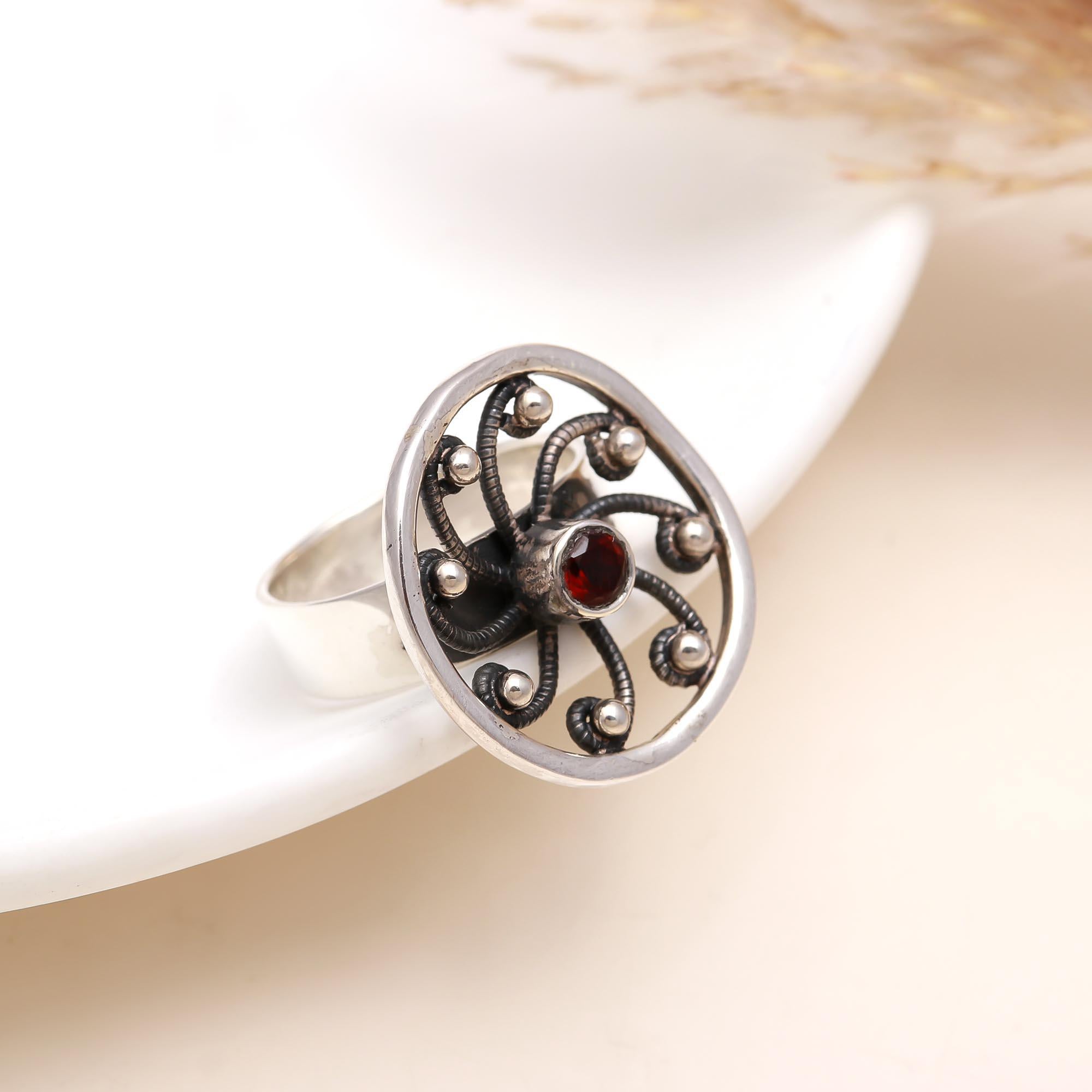 925 Silver Vintage Garnet Statement Ring front view
