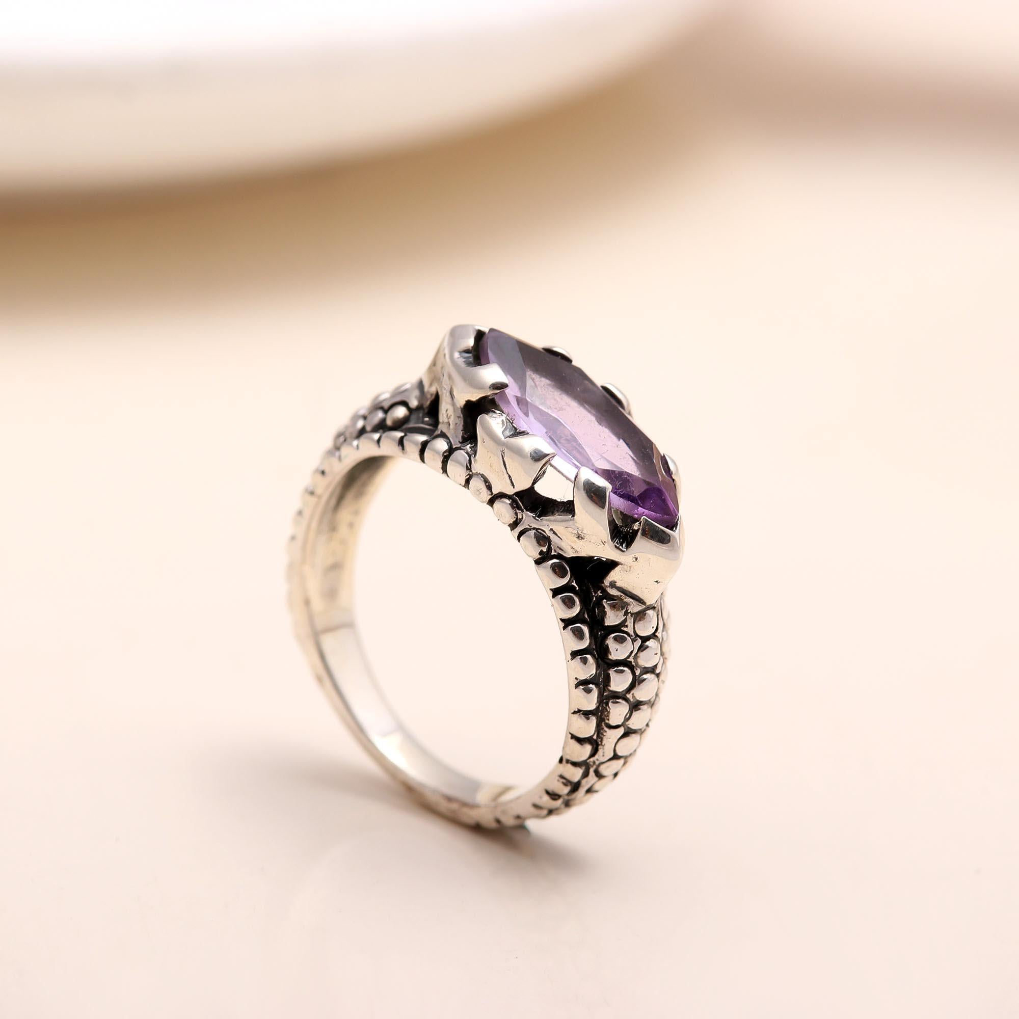 Handmade sterling silver marquise amethyst gemstone ring