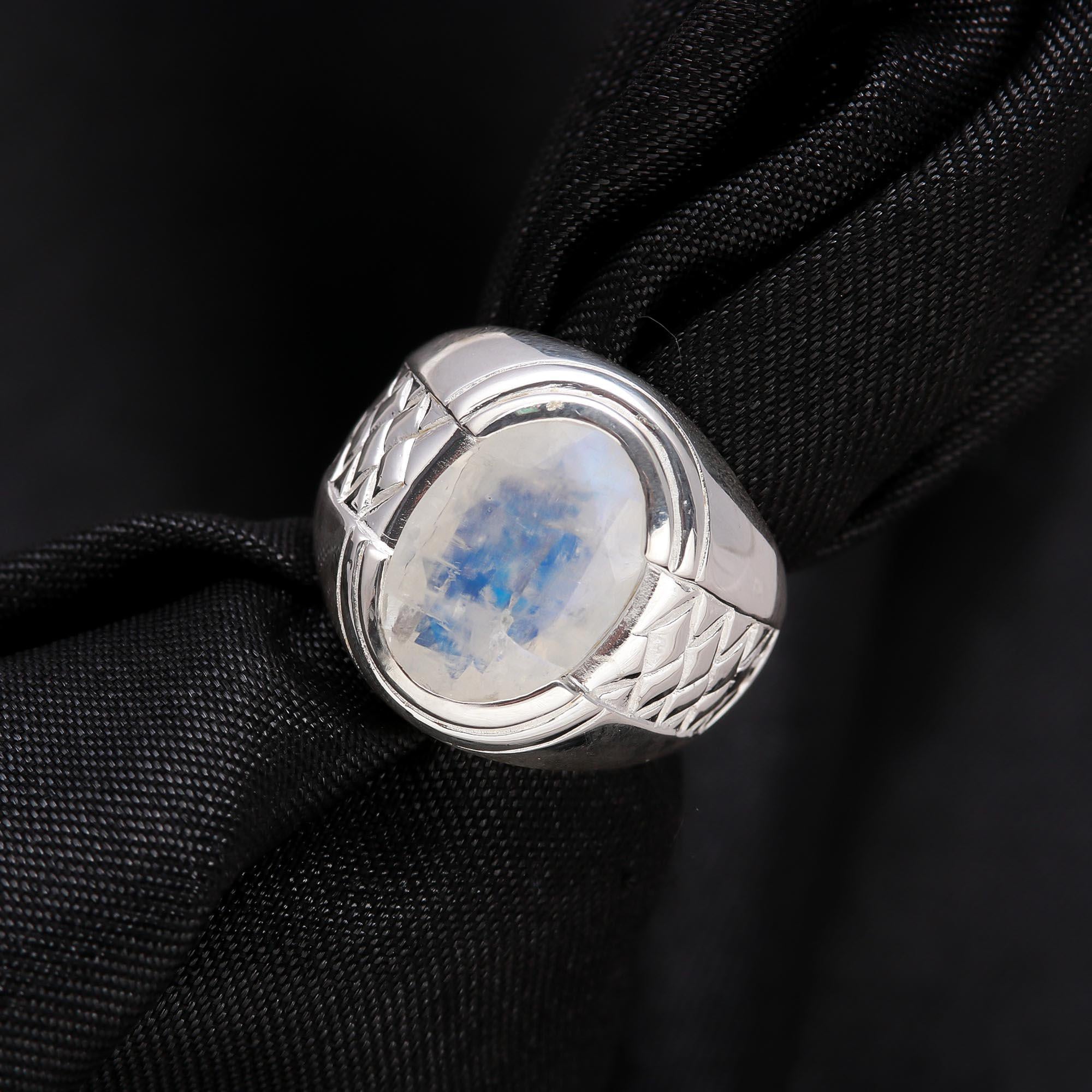 Oval Moonstone Ring with Textured Silver Band