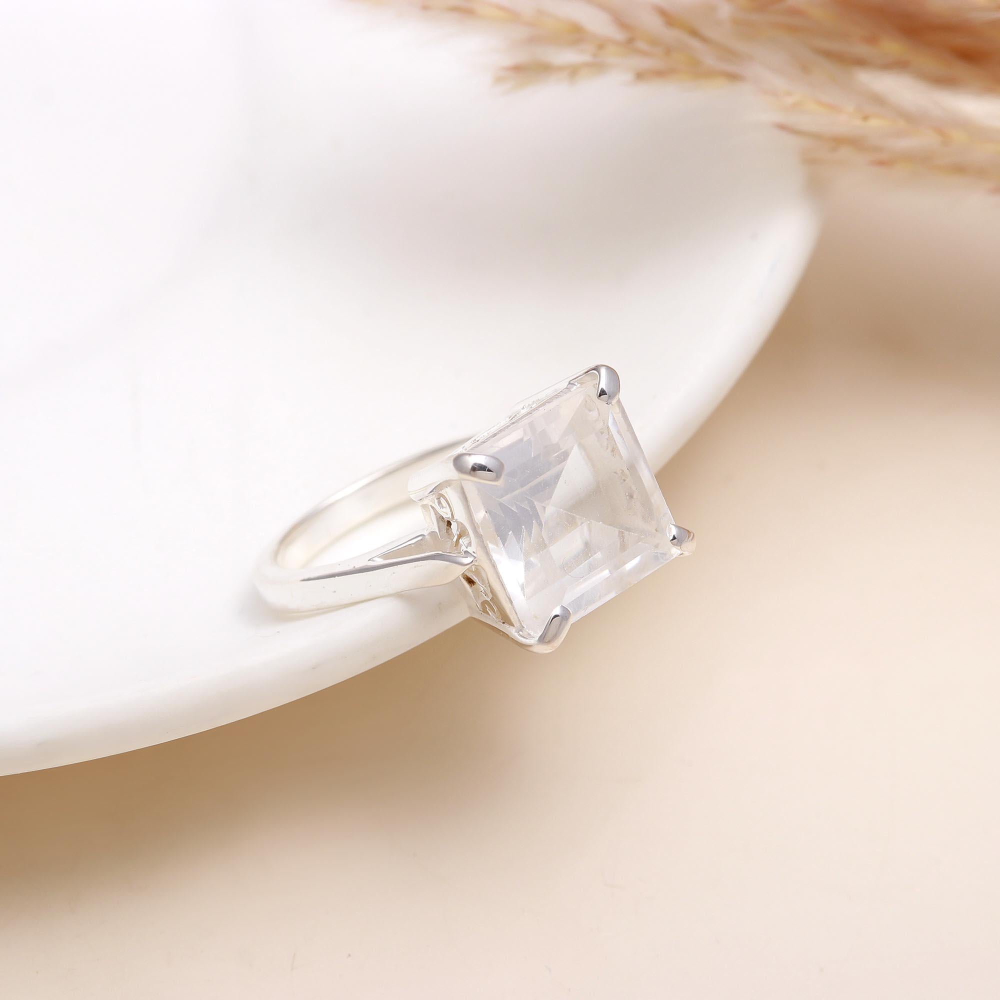 925 Silver Square Cut Clear Quartz Solitaire Ring