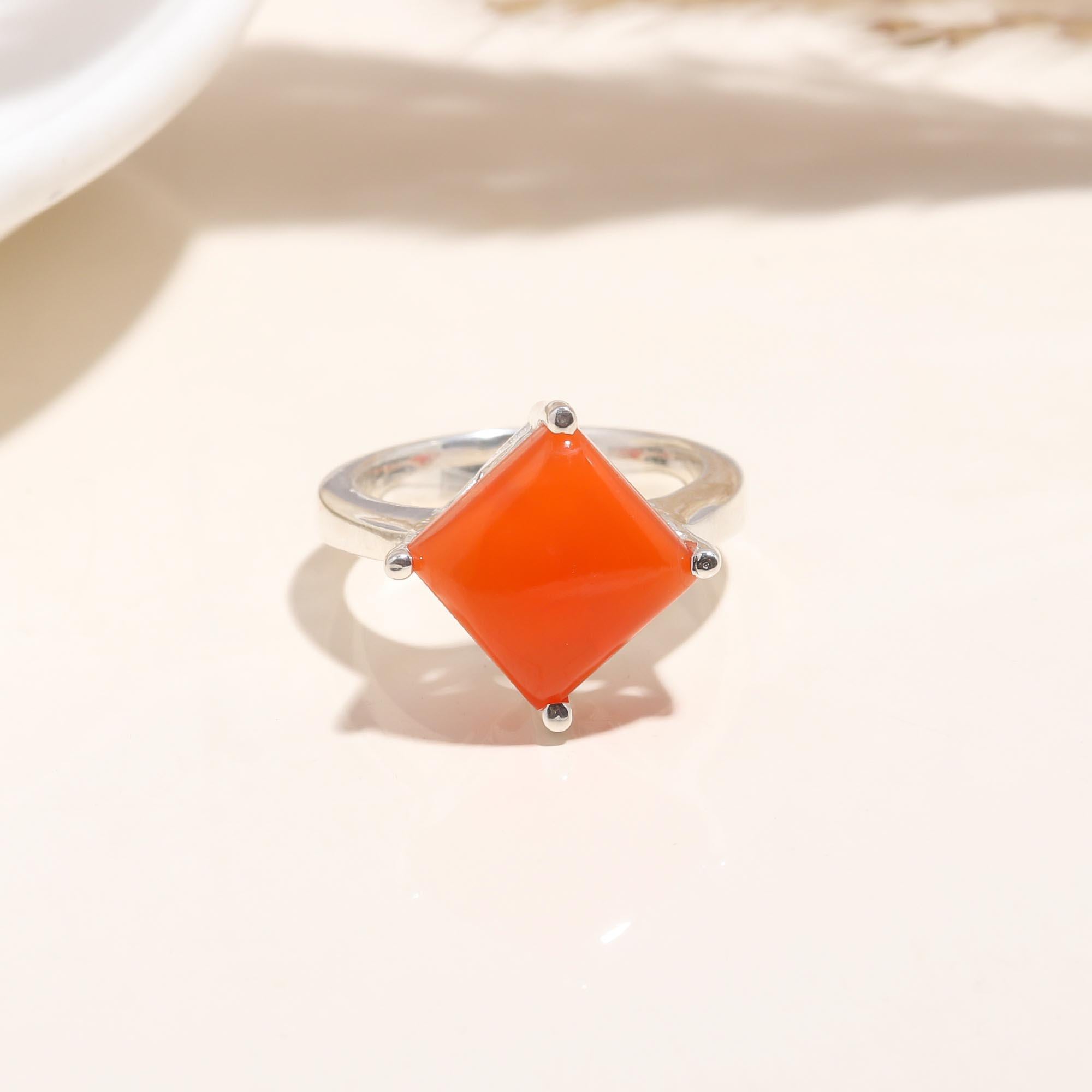 The Fiery Square: Carnelian Cushion Silver Geometric Ring