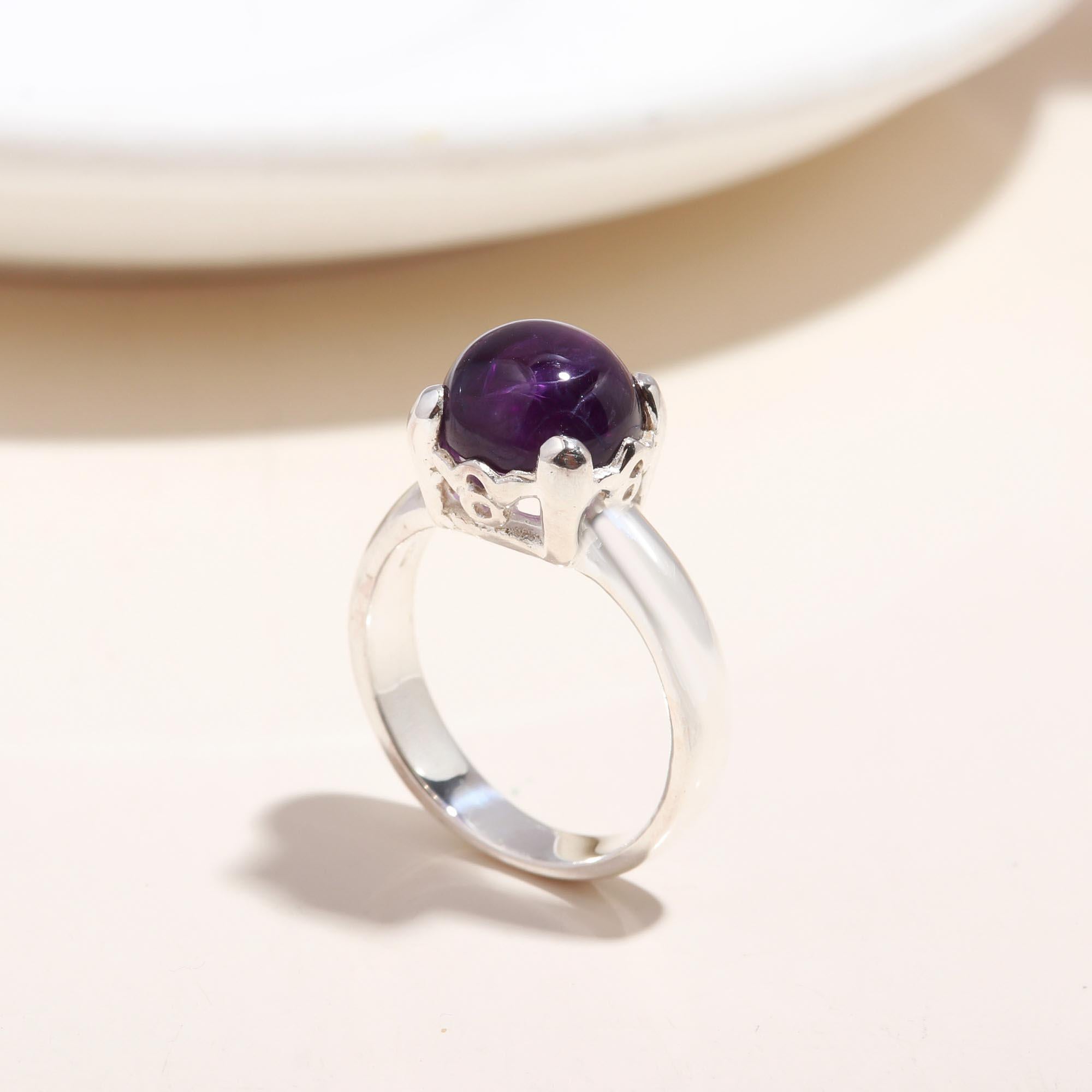The Violet Coronet: Amethyst Cabochon Silver Crown Ring