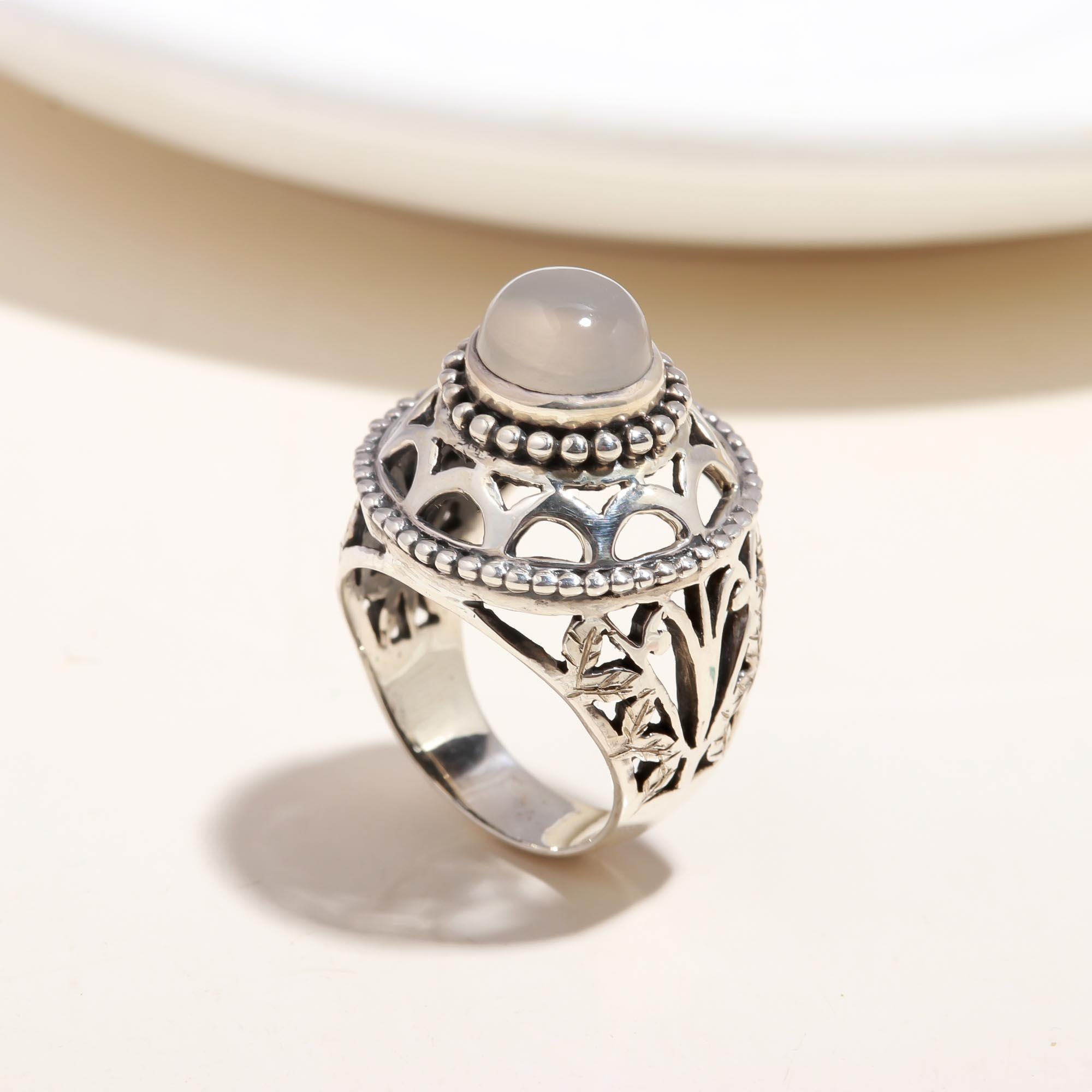 The Lunar Palace: Grey Moonstone & Silver Filigree Ring