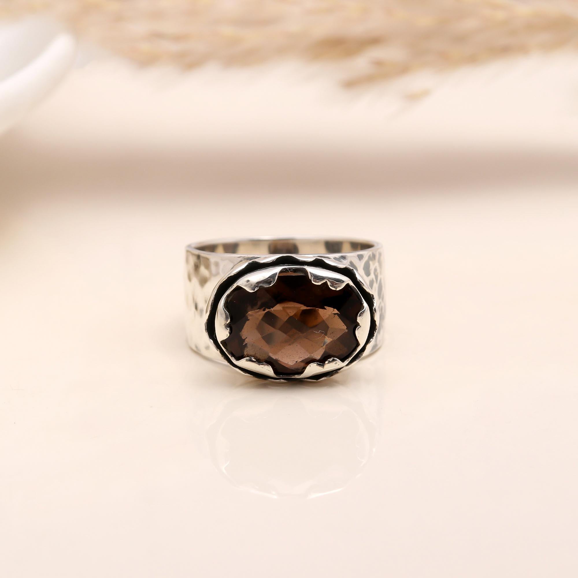 The Rustic Scallop: Textured Band Smoky Quartz Ring