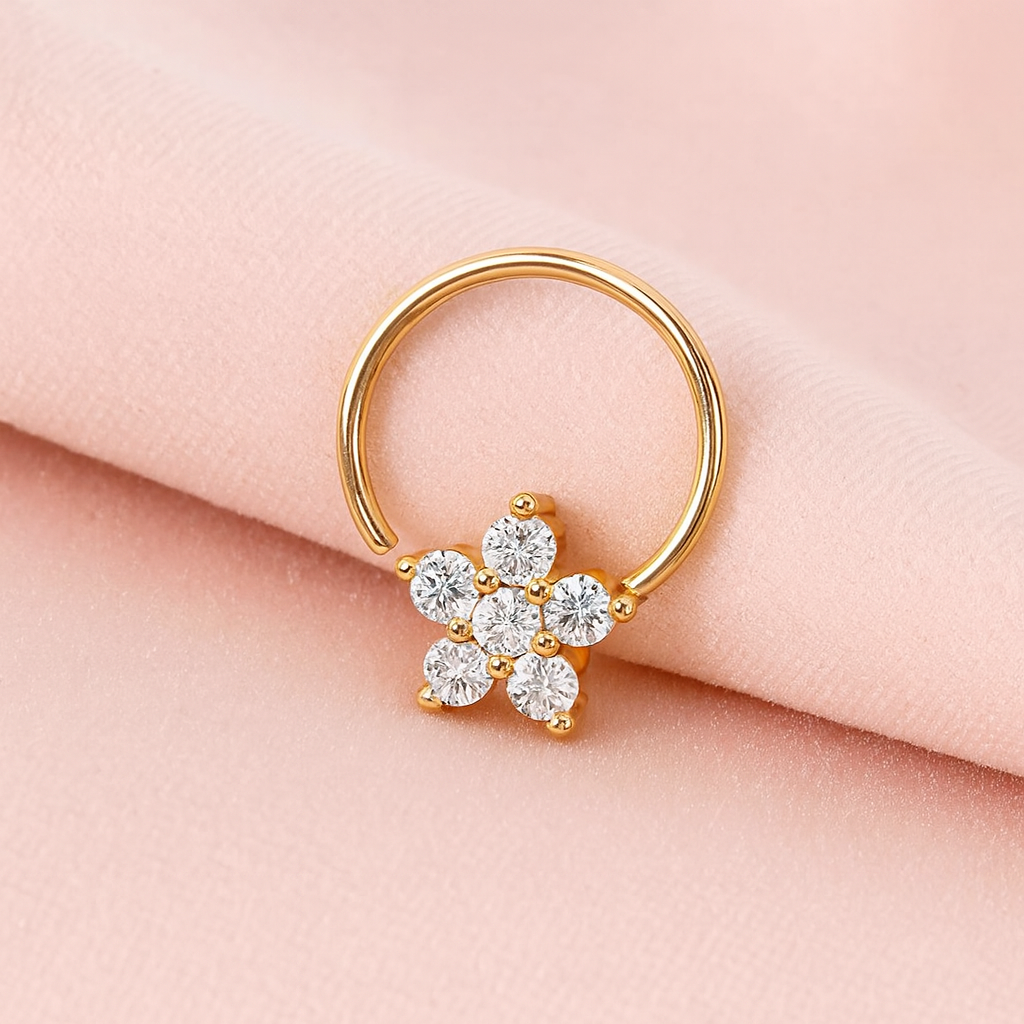 925 Sterling Silver Gold Plated Floral White Cz Cluster Nose Pin| Piercing Jewelry