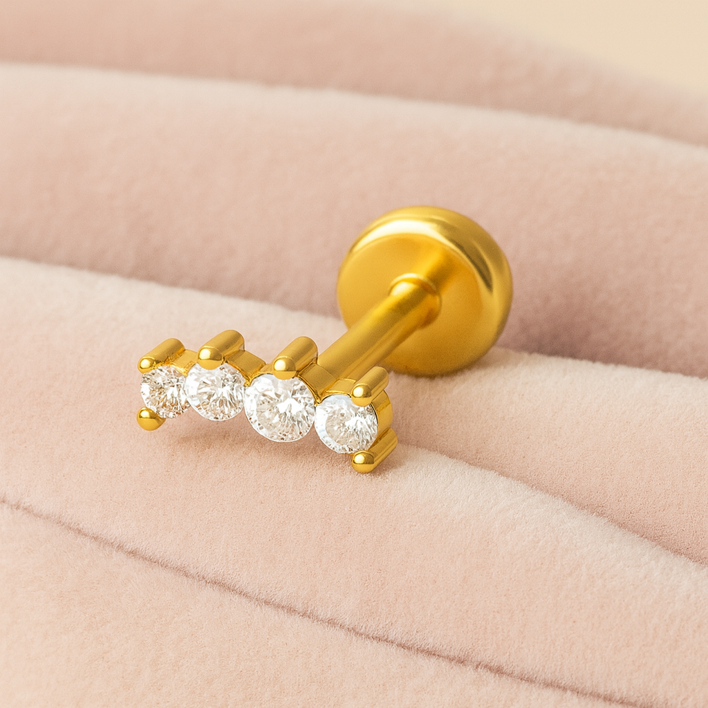 925 Sterling Silver Gold Plated Four Stone Nose Pin | Piercing Jewelry