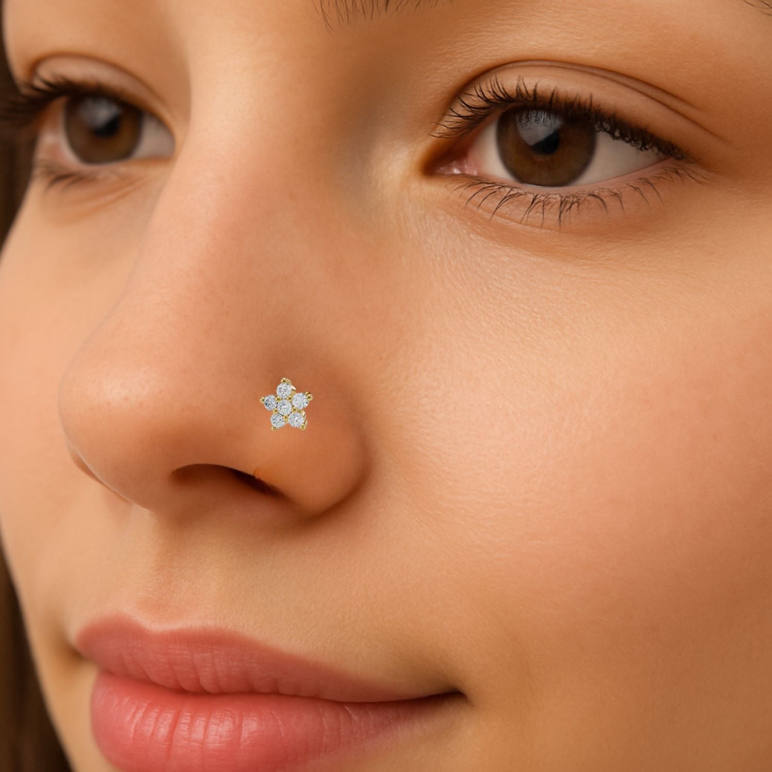 925 Sterling Silver Gold Plated Floral White Cz Cluster Nose Pin| Piercing Jewelry