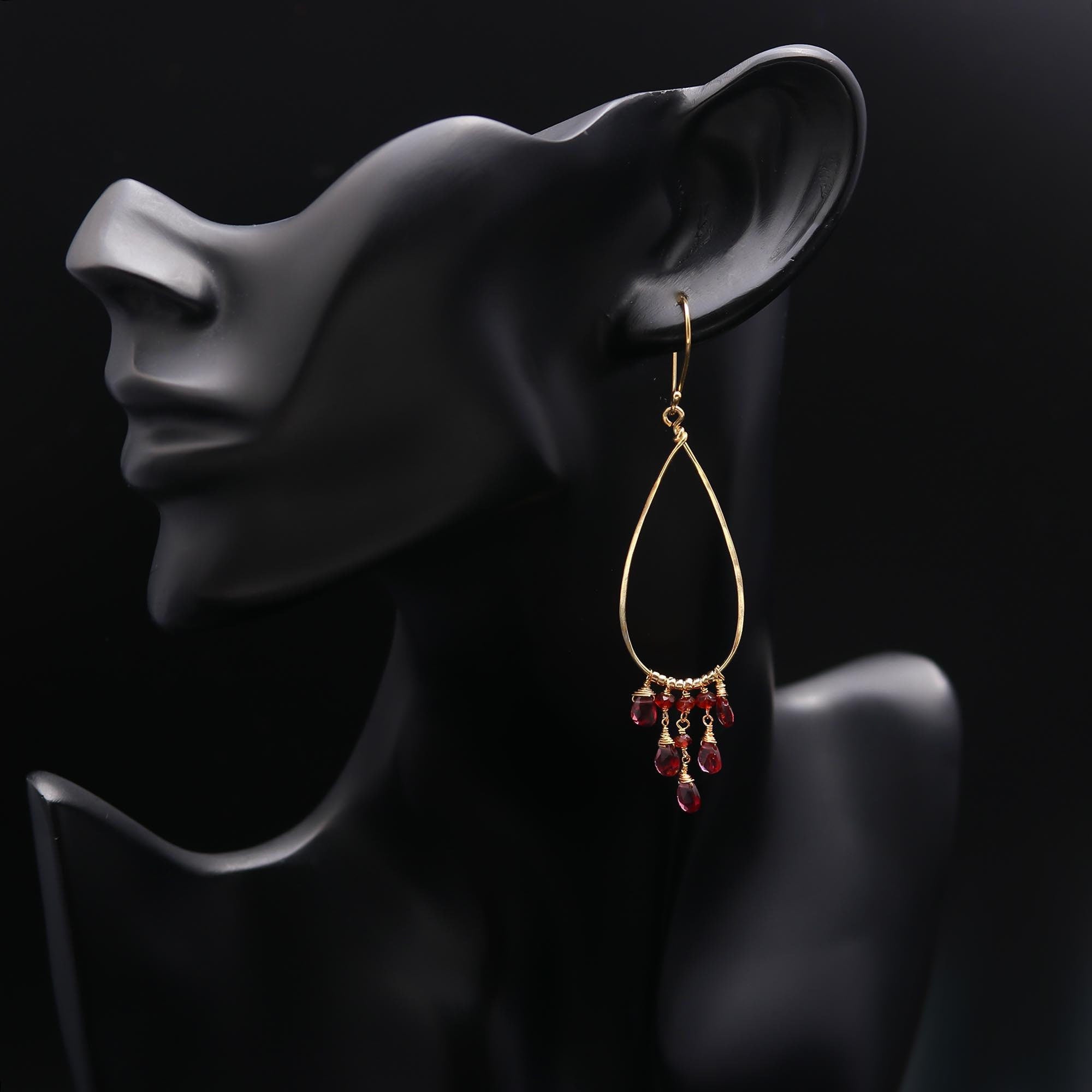 The Scarlet Cascade: Garnet & Gold Teardrop Earrings