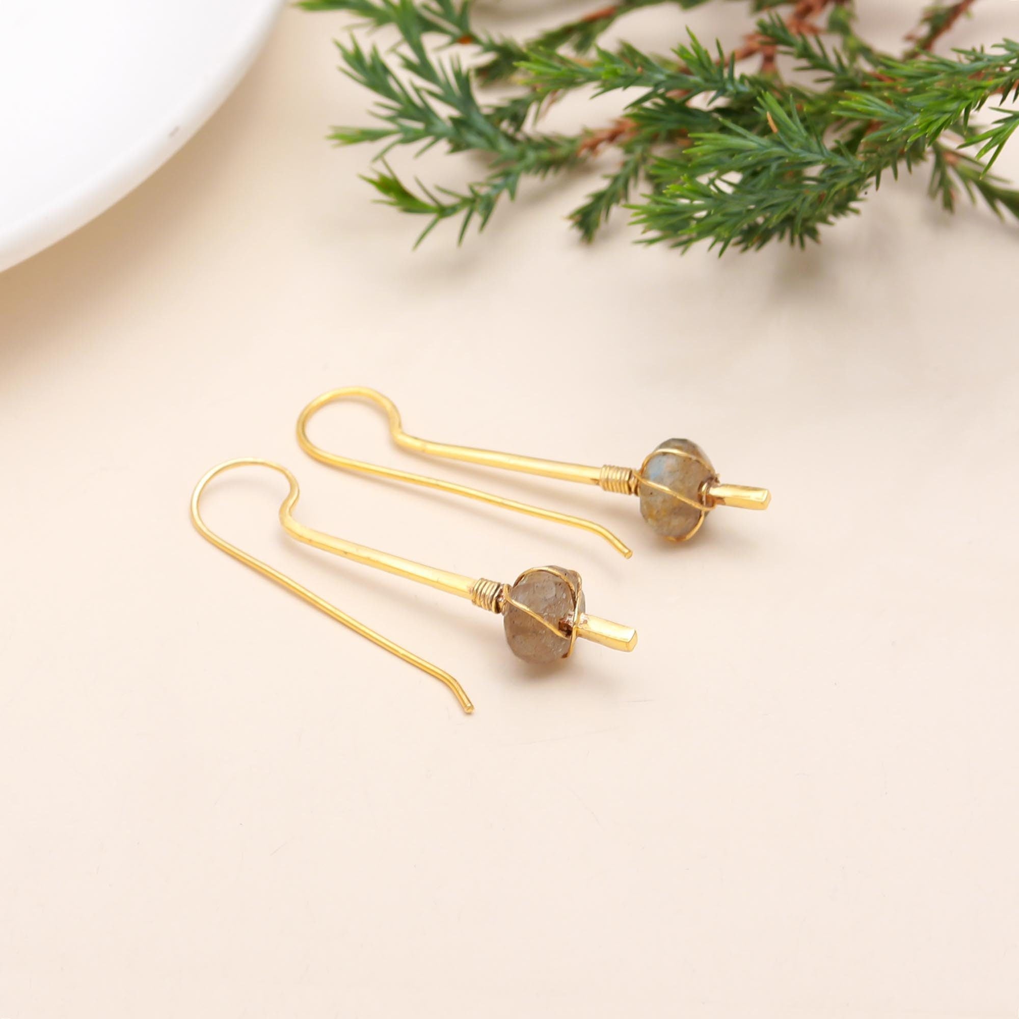 The Golden Meridian: Labradorite & Gold Bar Drop Earrings