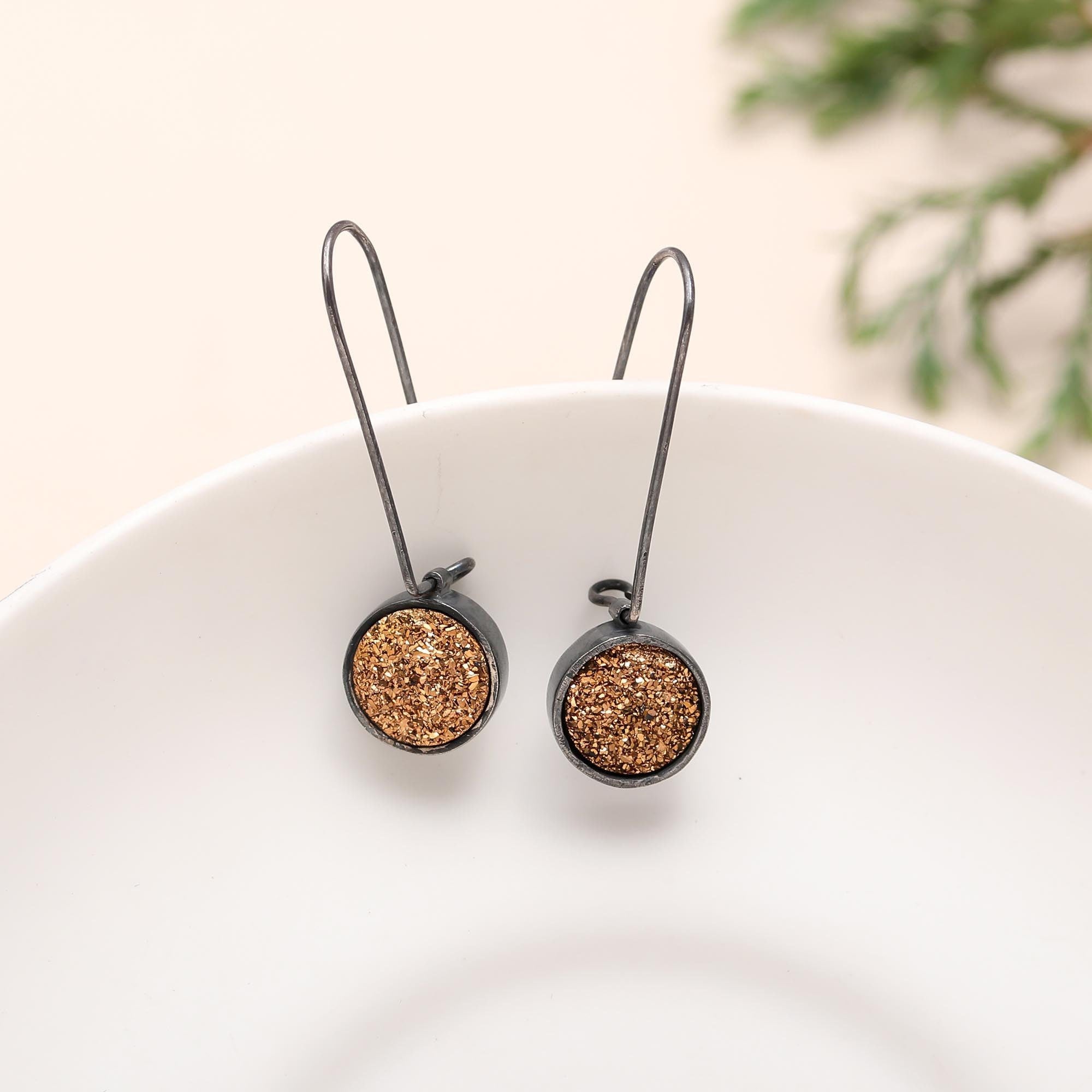 The Gilded Eclipse: Titanium Gold Druzy & Oxidized Silver Earrings