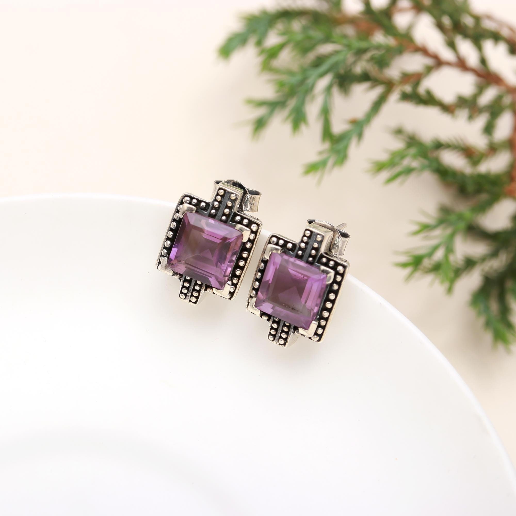 The Violet Heritage: Amethyst Oxidized Silver Studs