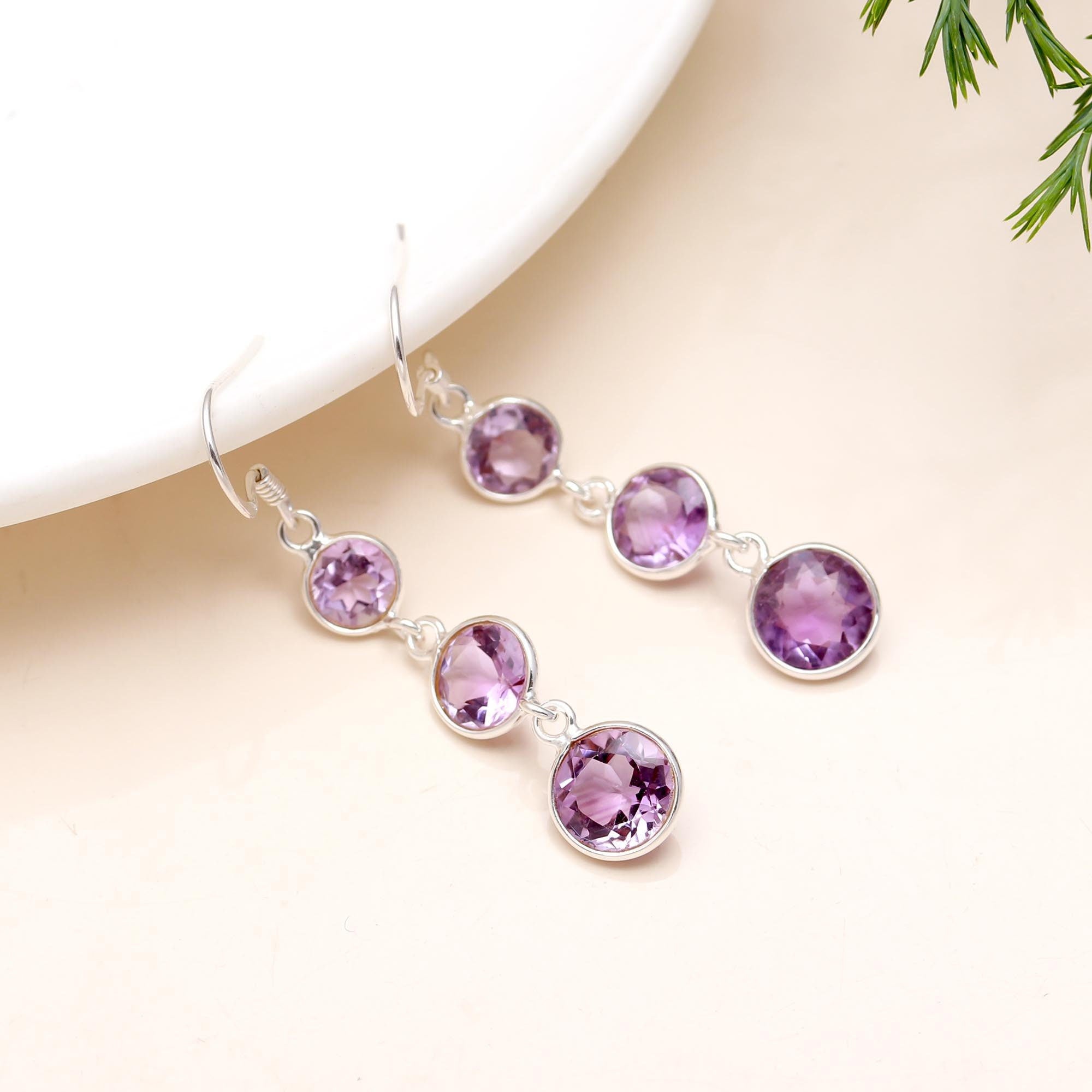 The Violet Tier: Amethyst & Silver Triple Drop Earrings