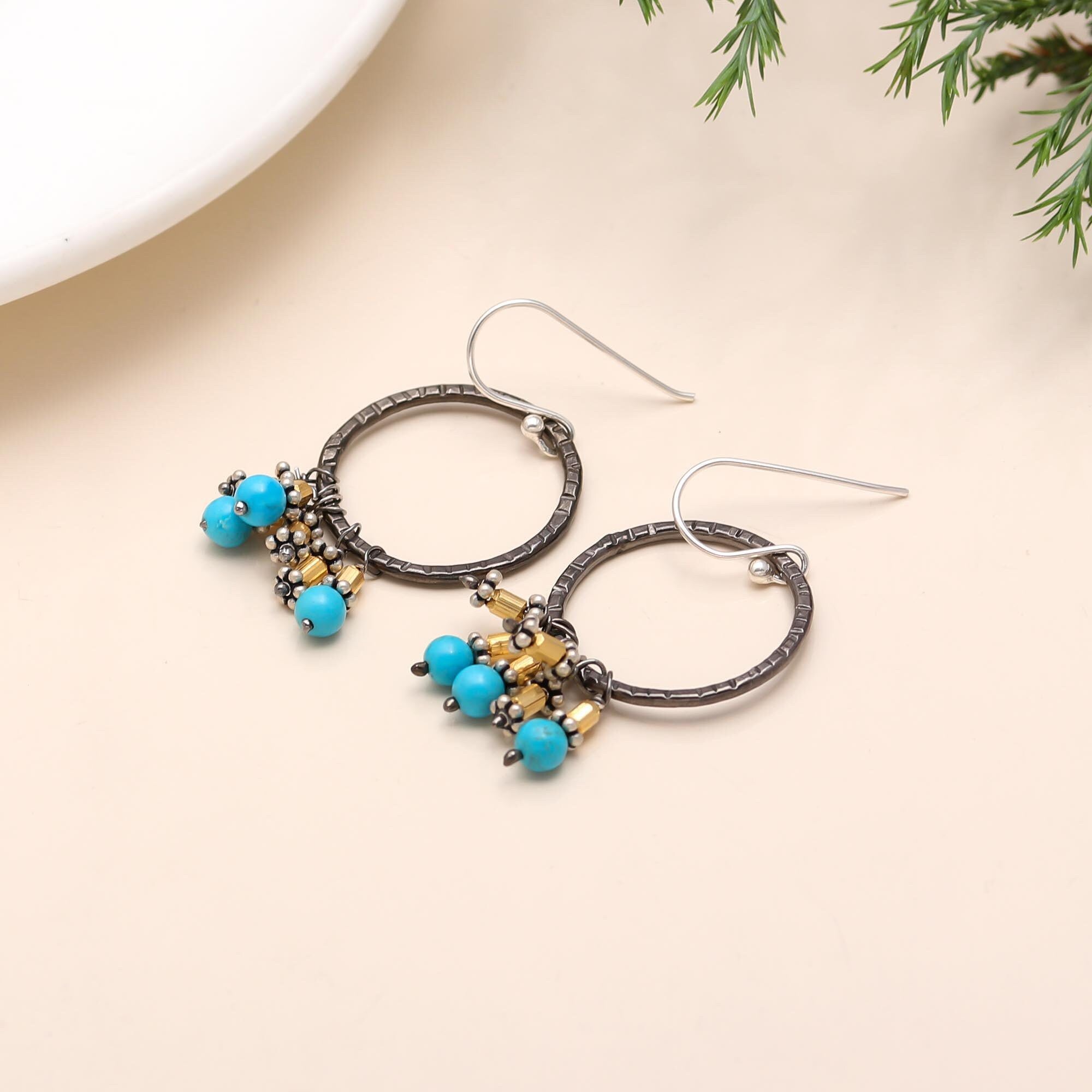 The Rustic Azure: Turquoise & Oxidized Silver Cluster Hoops